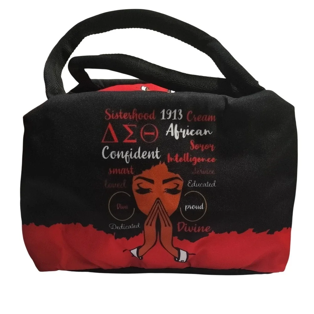 DST Inspired Insulated Double Handle Zipper Lunch Bag Black Red Graphic Sorority